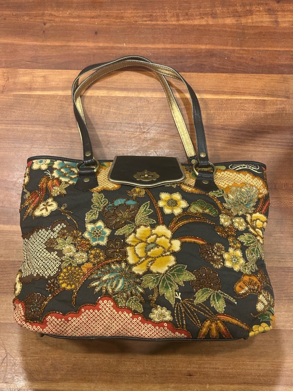 Isabella Fiore black and gold shoulder bag vintage tapestry intricate beading